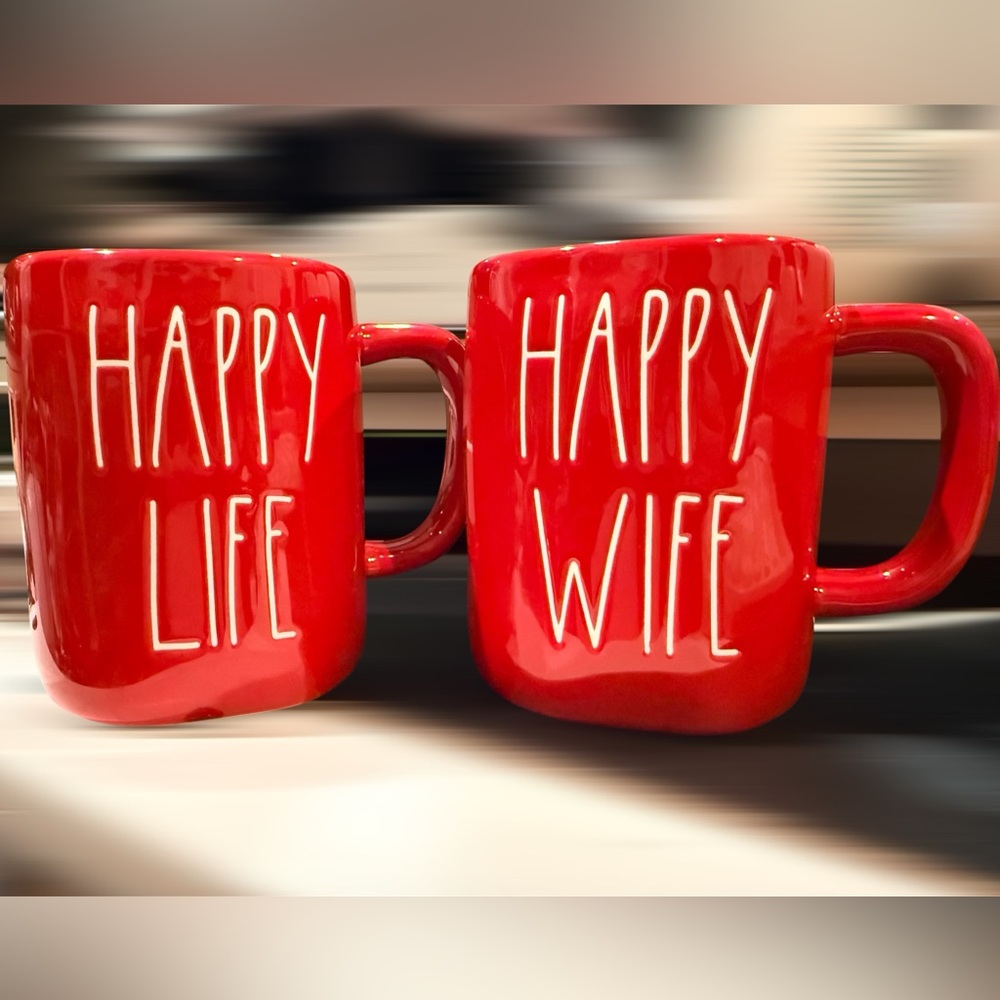 Rae Dunn Red Happy Life & Wife Mugs